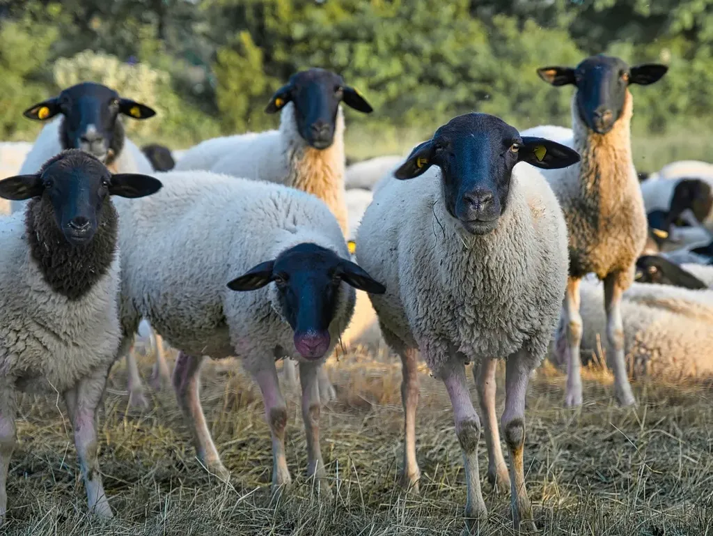 Ein süßes Schaf, das in die Kamera guckt. Ja, tierische Produkte liefern viel Eiweiß, aber ein Zuviel an tierischen Produkten ist nicht gesund für den Menschen.